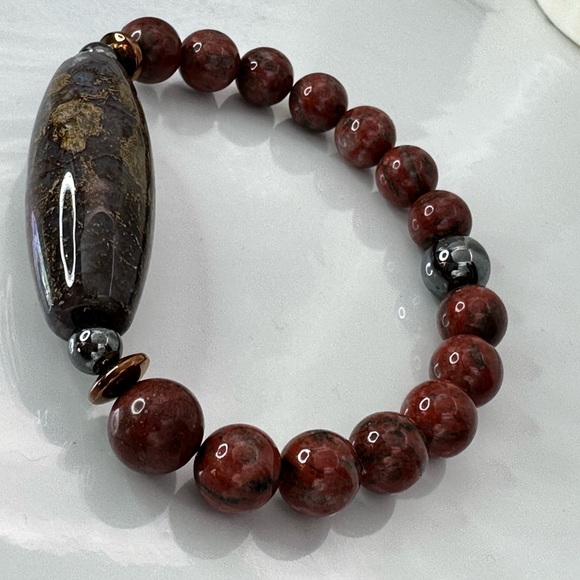 RED JASPER + OCEAN JASPER NATURAL STONES BRACELET size 7” - Picture 7 of 15